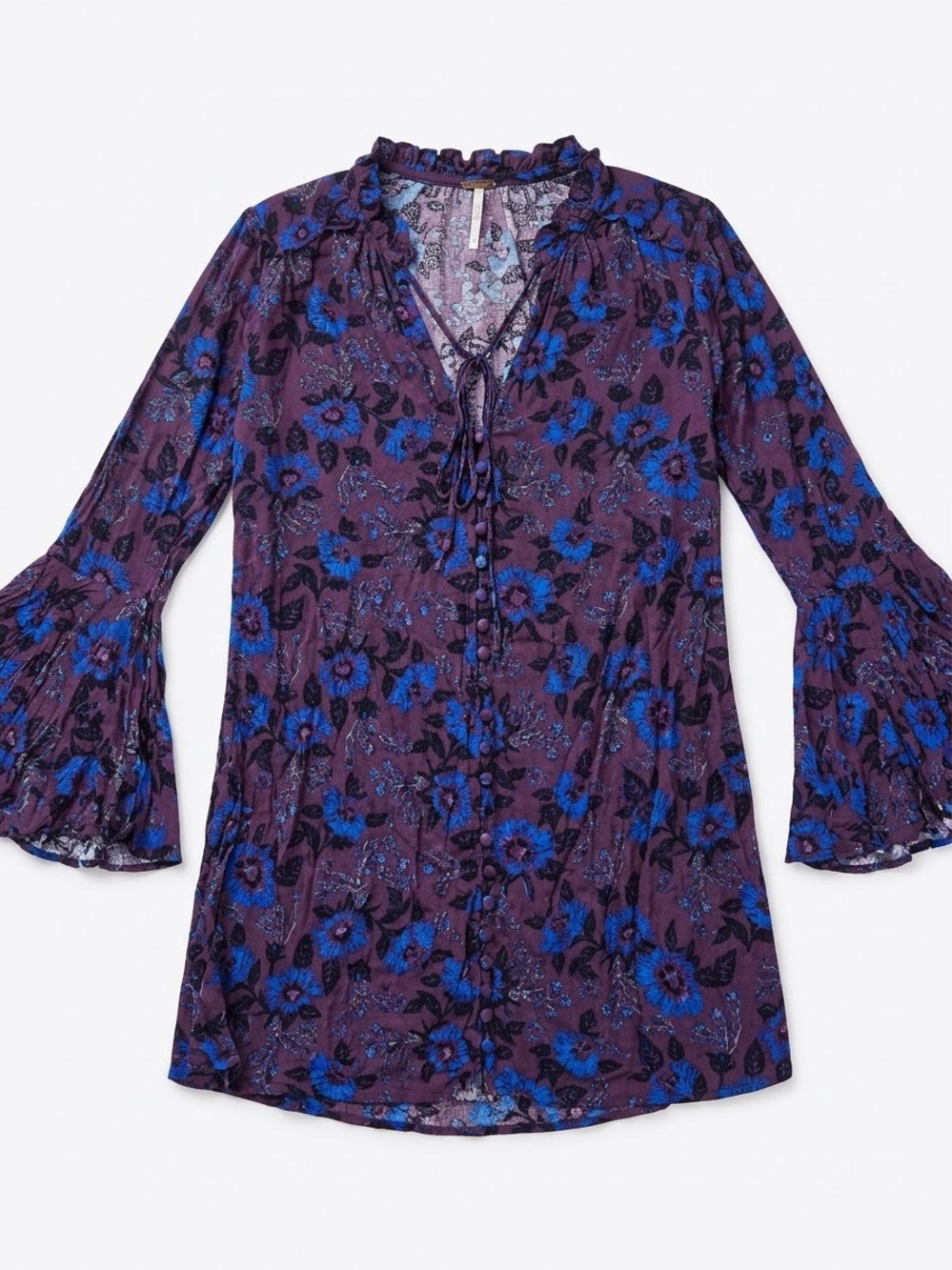 Free People Purple & Bright Blue Floral Tie-Front Ruffle Tunic
